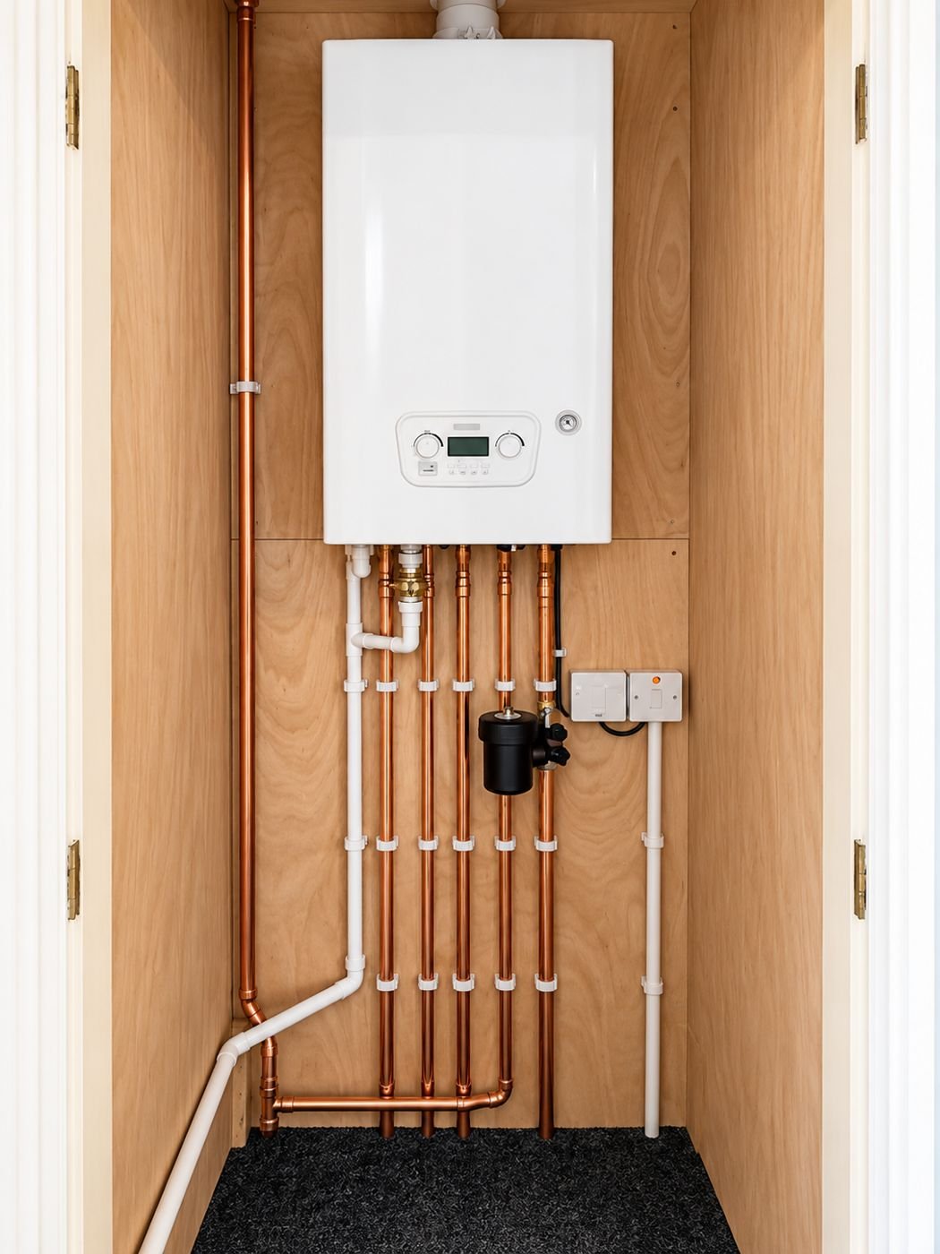 A newly fitted combi boiler with neat copper pipework in a cupboard