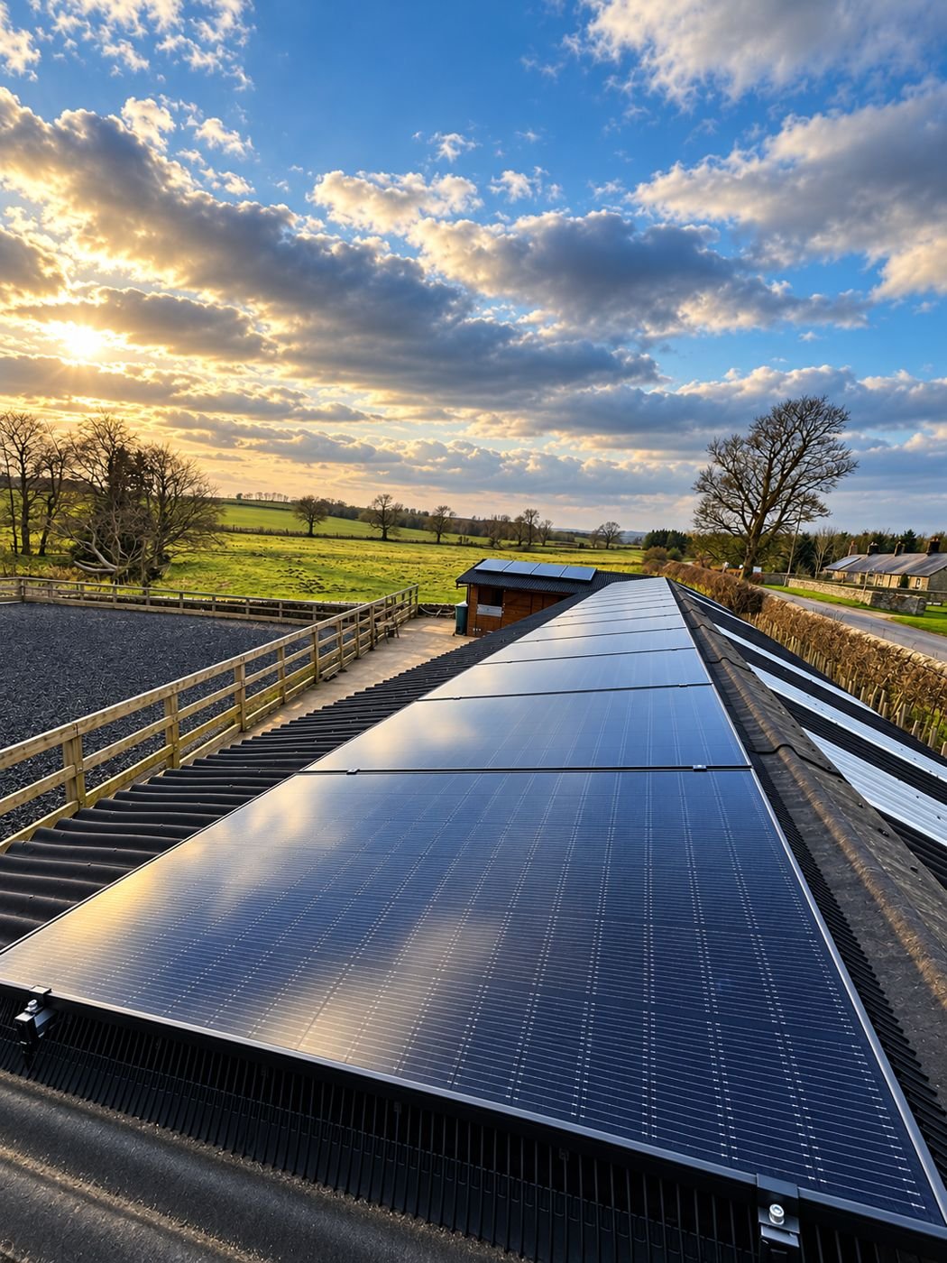 Solar panels running along a farm building roof