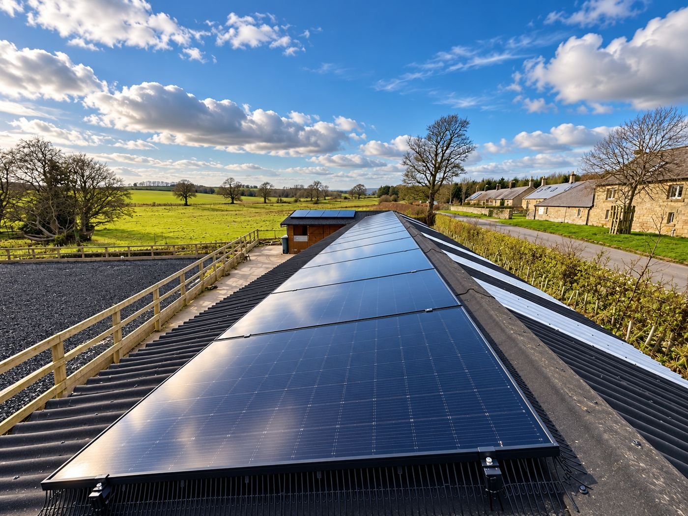 A long row of solar panels fitted on a rural barn roof