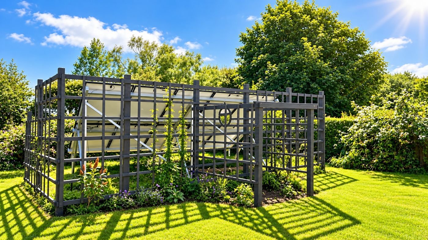 Ground-mounted solar array screened by a garden trellis