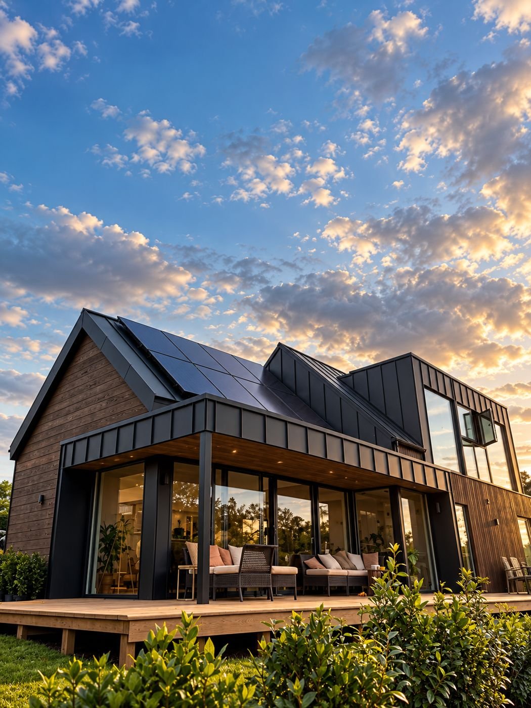 Modern timber house with an integrated solar roof