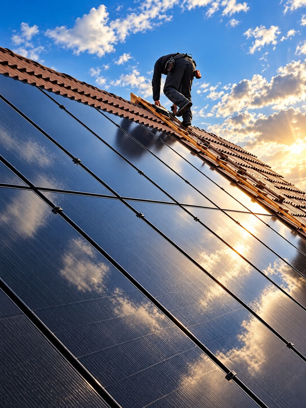 An engineer working on a roof beside newly fitted solar panels